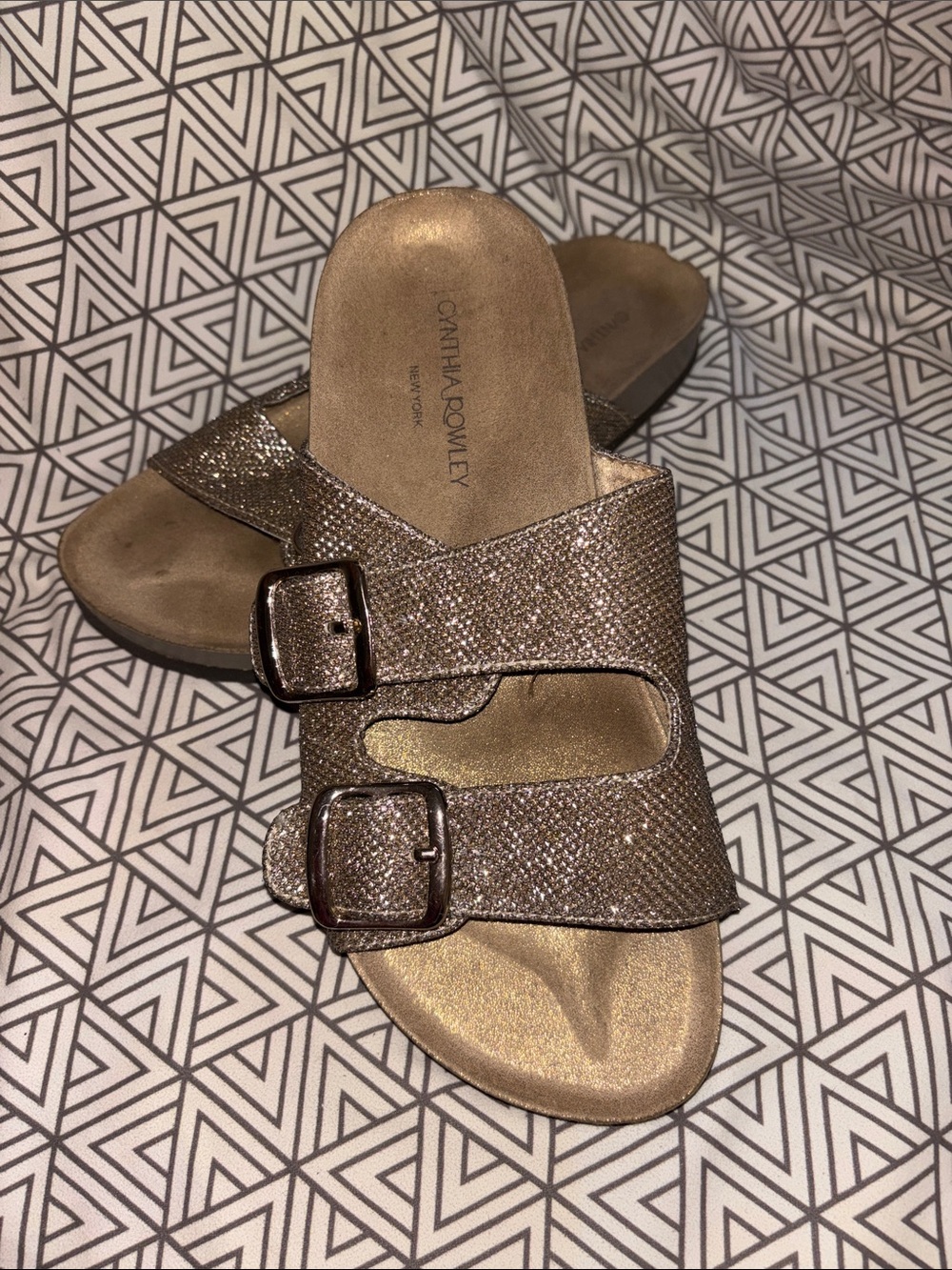 Cynthia Rowley Sparkling Gold Double-Buckle Slide Sandals
